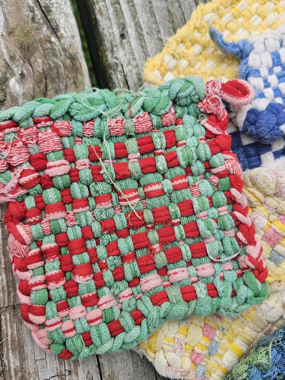 Colorful Handmade Woven Potholders and Hot Pads Made from Cotton Jersey Loops